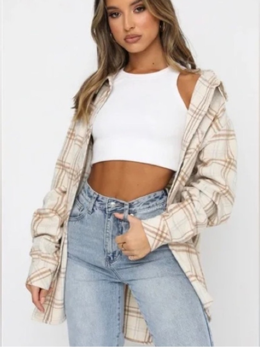 💕White Fox Boutique Beige Plaid Flannel 💕